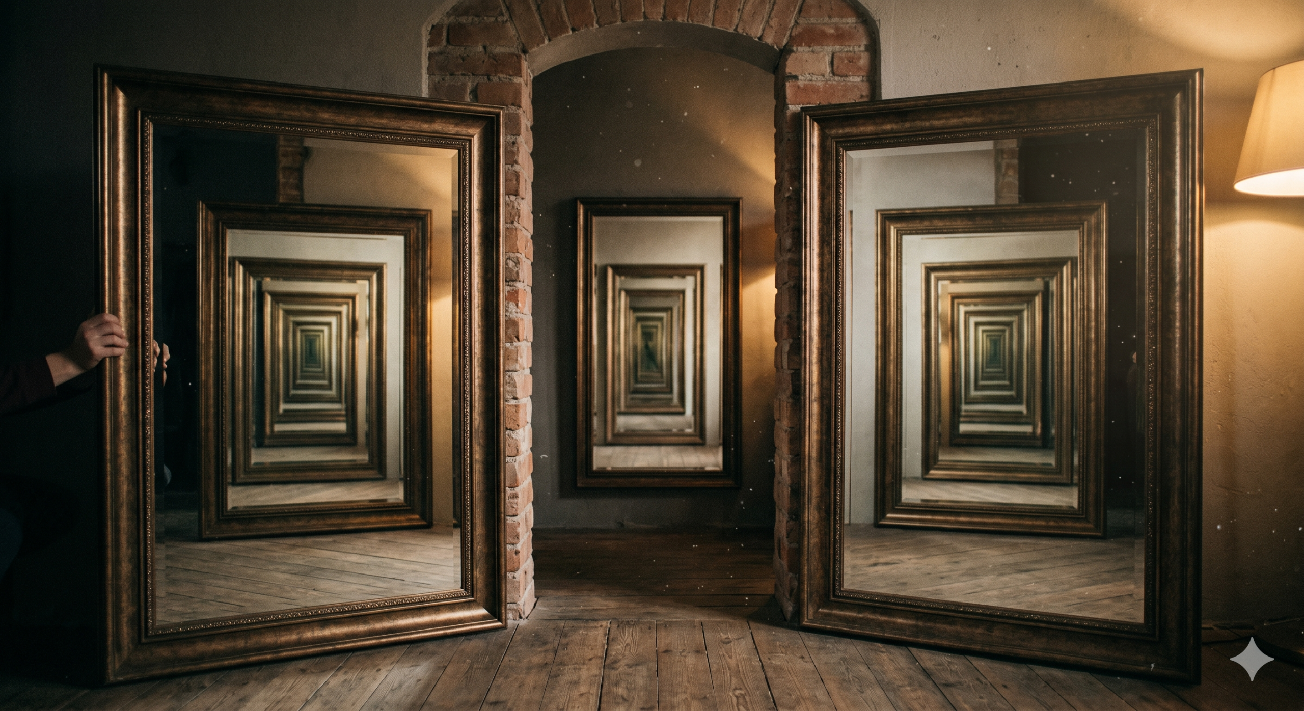 Abstract representation of human and artificial intelligence reflecting like mirrors, AI philosophy essay.
